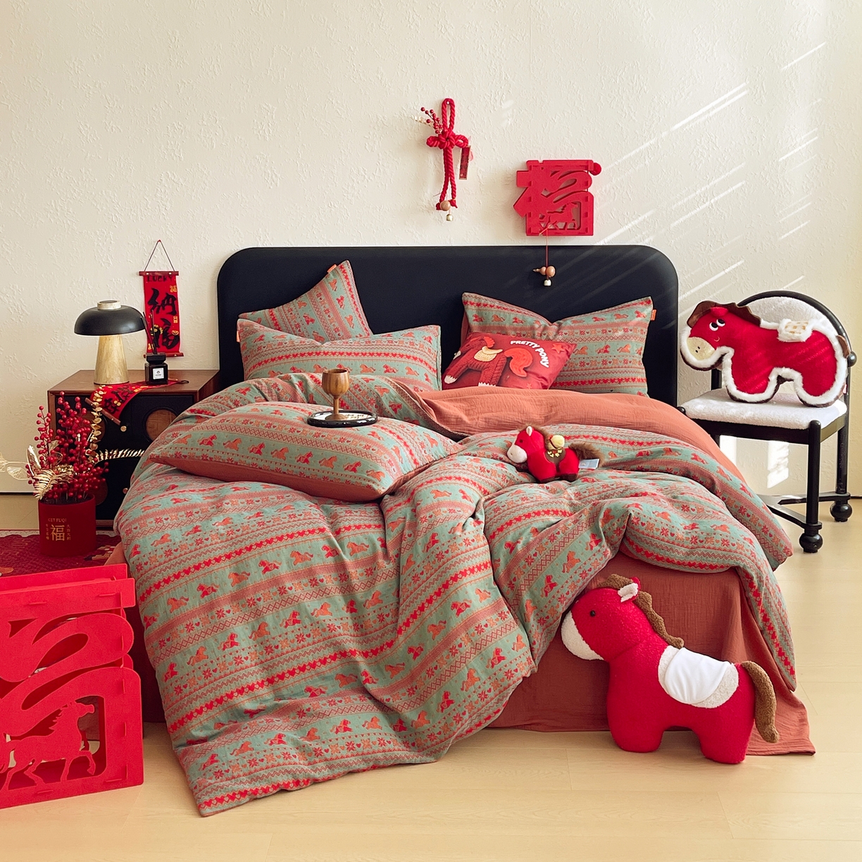 91家纺网 家纺一手货源 找家纺 （总）春皖家纺 2026新款全棉色织双层纱提花百福系列拉链款-四件套