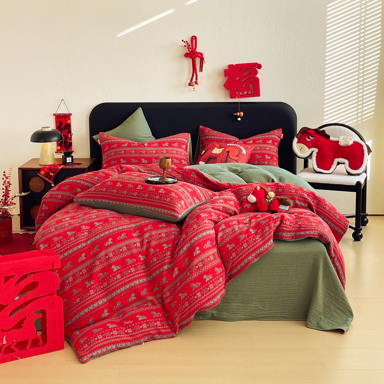 春皖家纺 2026新款全棉色织双层纱提花百福系列拉链款-四件套 红绝影