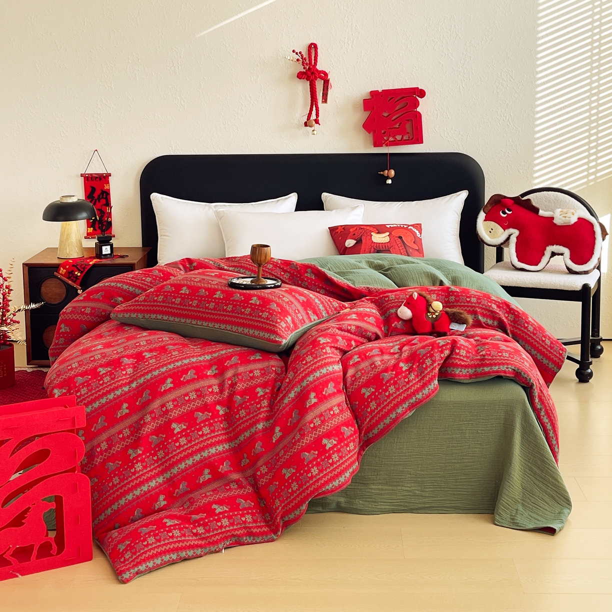 91家纺网 家纺一手货源 找家纺 （总）春皖家纺 2026新款全棉色织双层纱提花百福系列拉链款-单被套