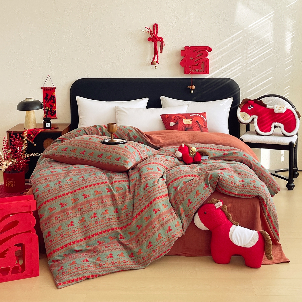 春皖家纺 2026新款全棉色织双层纱提花百福系列拉链款-单被套 绿绝影