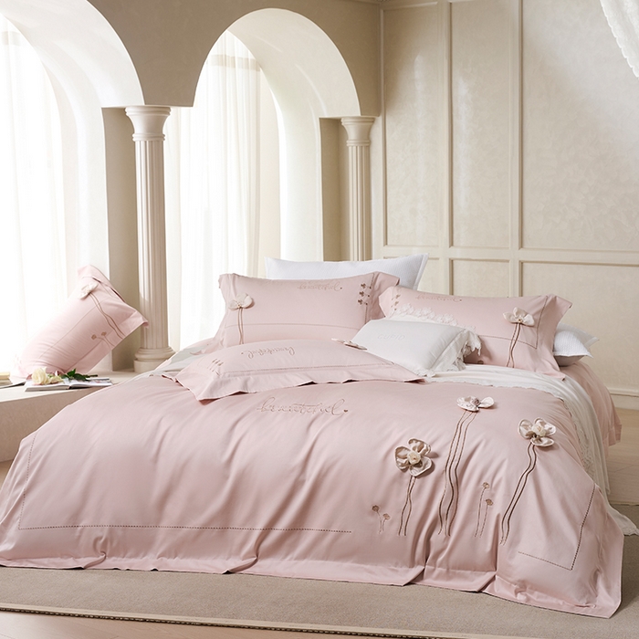 诗黛尔 2026春夏新款长绒棉刺绣洛薇尔系列四件套（会员-20） 洛薇尔  雅粉金