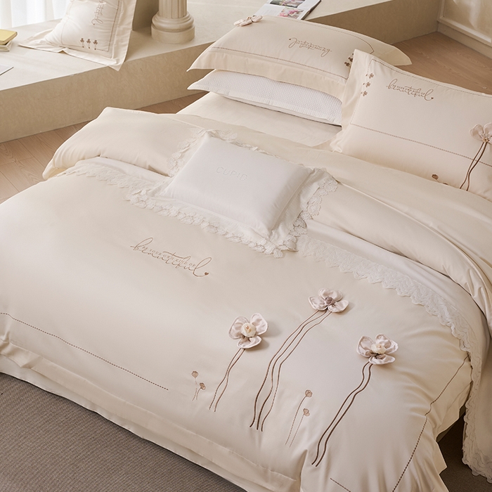 91家纺网 家纺一手货源 找家纺 诗黛尔 2026春夏新款长绒棉刺绣洛薇尔系列四件套（会员-20） 洛薇尔 浅香槟