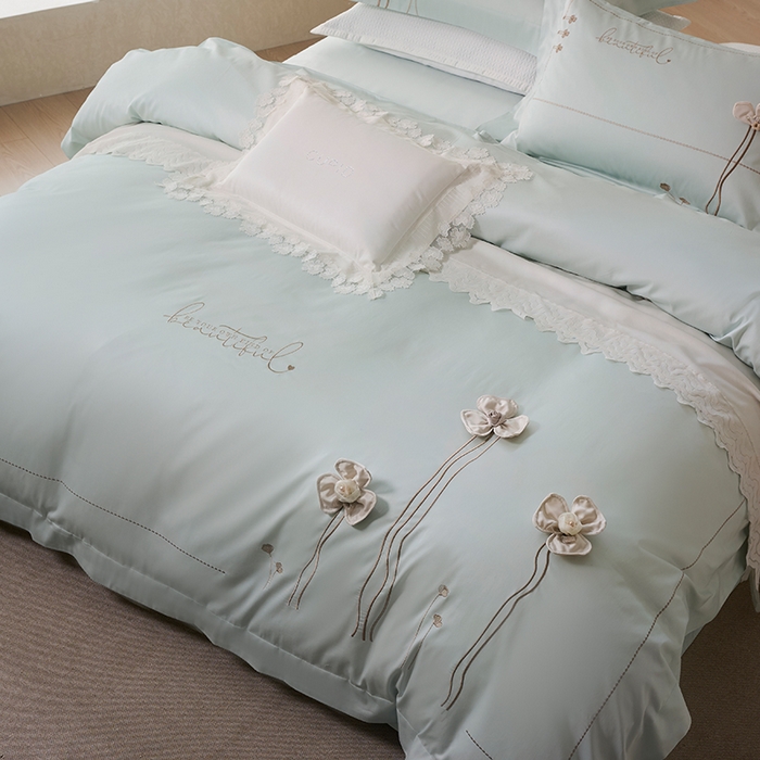 91家纺网 家纺一手货源 找家纺 诗黛尔 2026春夏新款长绒棉刺绣洛薇尔系列四件套（会员-20） 洛薇尔 玛卡蓝