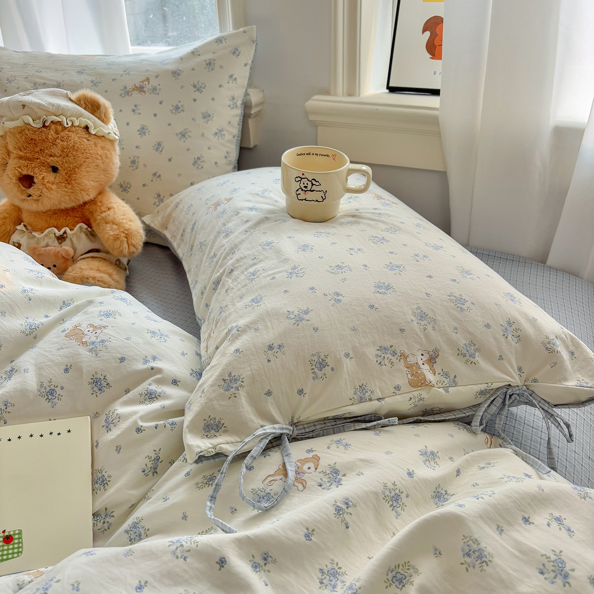 91家纺网 家纺一手货源 找家纺 金梦拉家纺 2026新款小清新绑带格纹碎花系列四件套-花园里系列 花园里-碎花小鹿