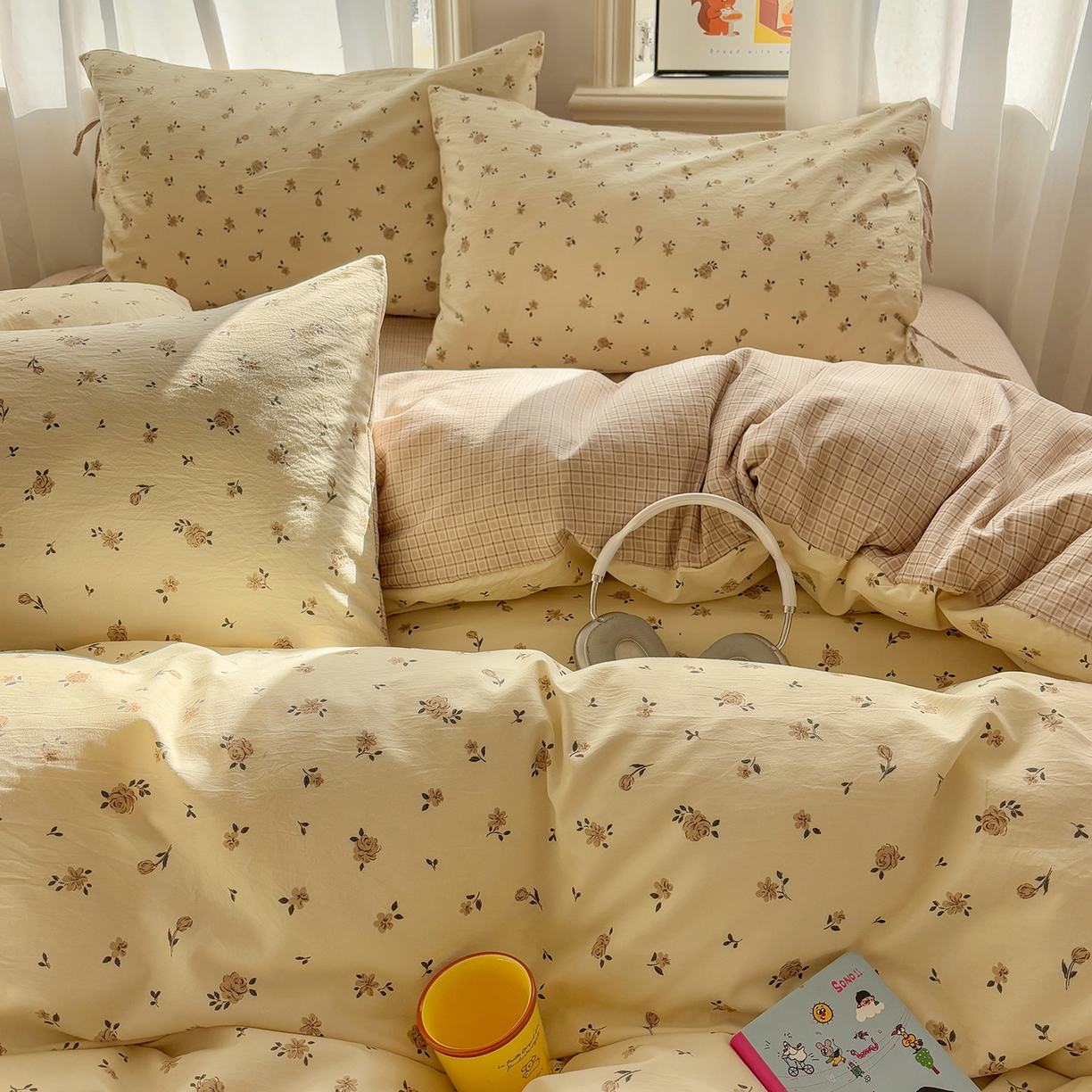 91家纺网 家纺一手货源 找家纺 金梦拉家纺 2026新款小清新绑带格纹碎花系列四件套-花园里系列 花园里-觅棠