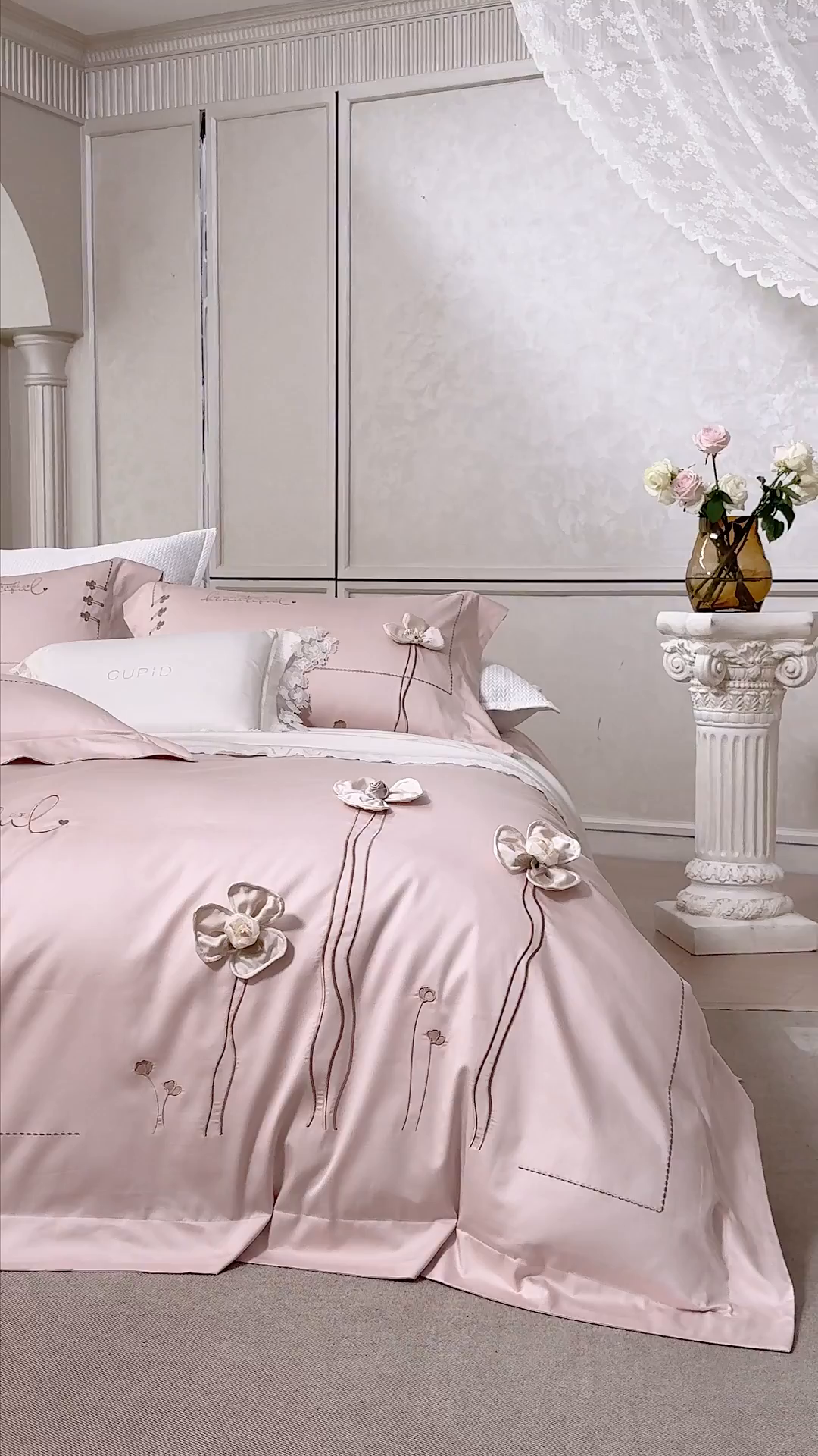 91家纺网 家纺一手货源 找家纺 诗黛尔 2026春夏新款长绒棉刺绣洛薇尔系列四件套（会员-20） 洛薇尔  雅粉金