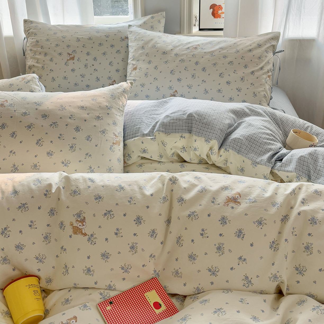 91家纺网 家纺一手货源 找家纺 金梦拉家纺 2026新款小清新绑带格纹碎花系列四件套-花园里系列 花园里-碎花小鹿