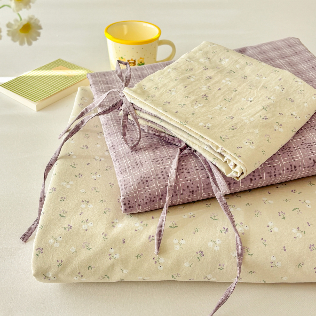 金梦拉家纺 2026新款小清新绑带格纹碎花系列四件套-花园里系列 花园里-花漾紫