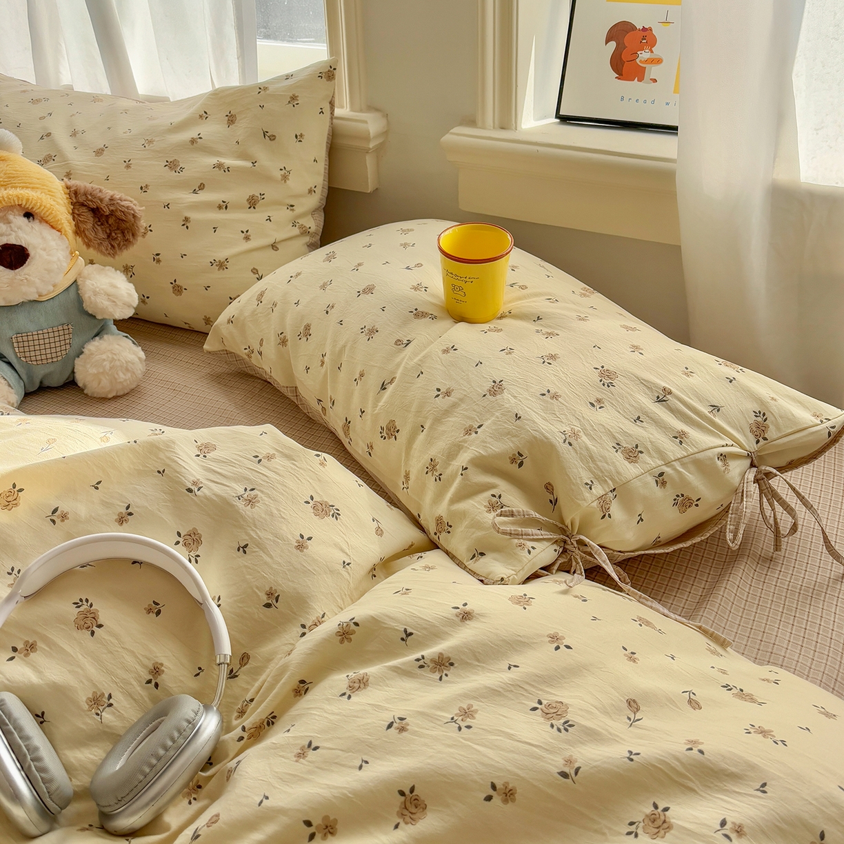 91家纺网 家纺一手货源 找家纺 金梦拉家纺 2026新款小清新绑带格纹碎花系列四件套-花园里系列 花园里-觅棠