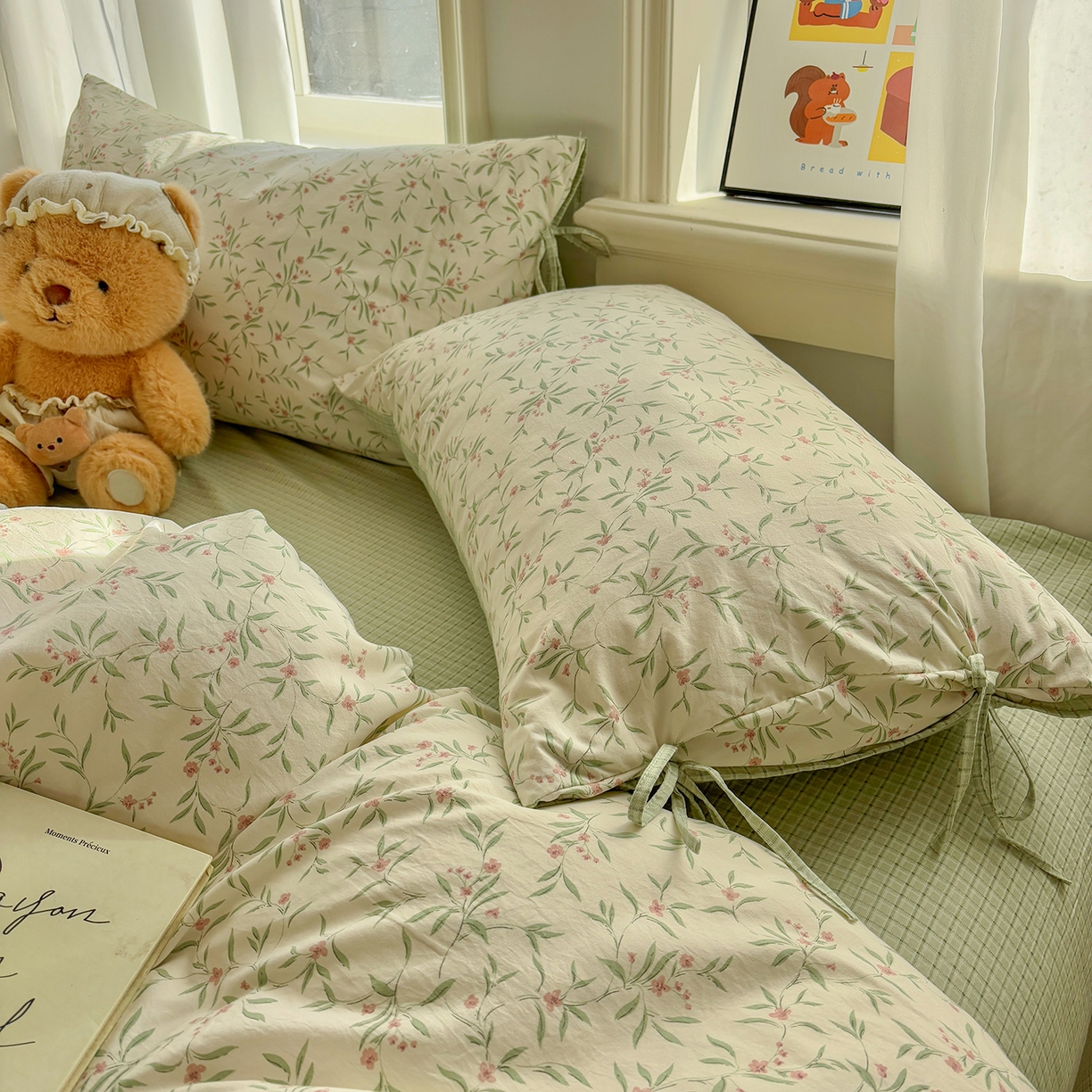 91家纺网 家纺一手货源 找家纺 金梦拉家纺 2026新款小清新绑带格纹碎花系列四件套-花园里系列 花园里-清新绿