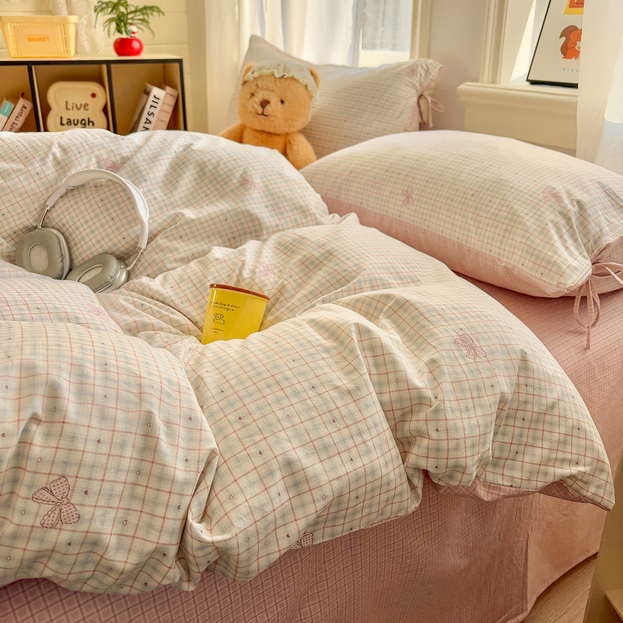 91家纺网 家纺一手货源 找家纺 金梦拉家纺 2026新款小清新绑带格纹碎花系列四件套-花园里系列 花园里-蝴蝶结