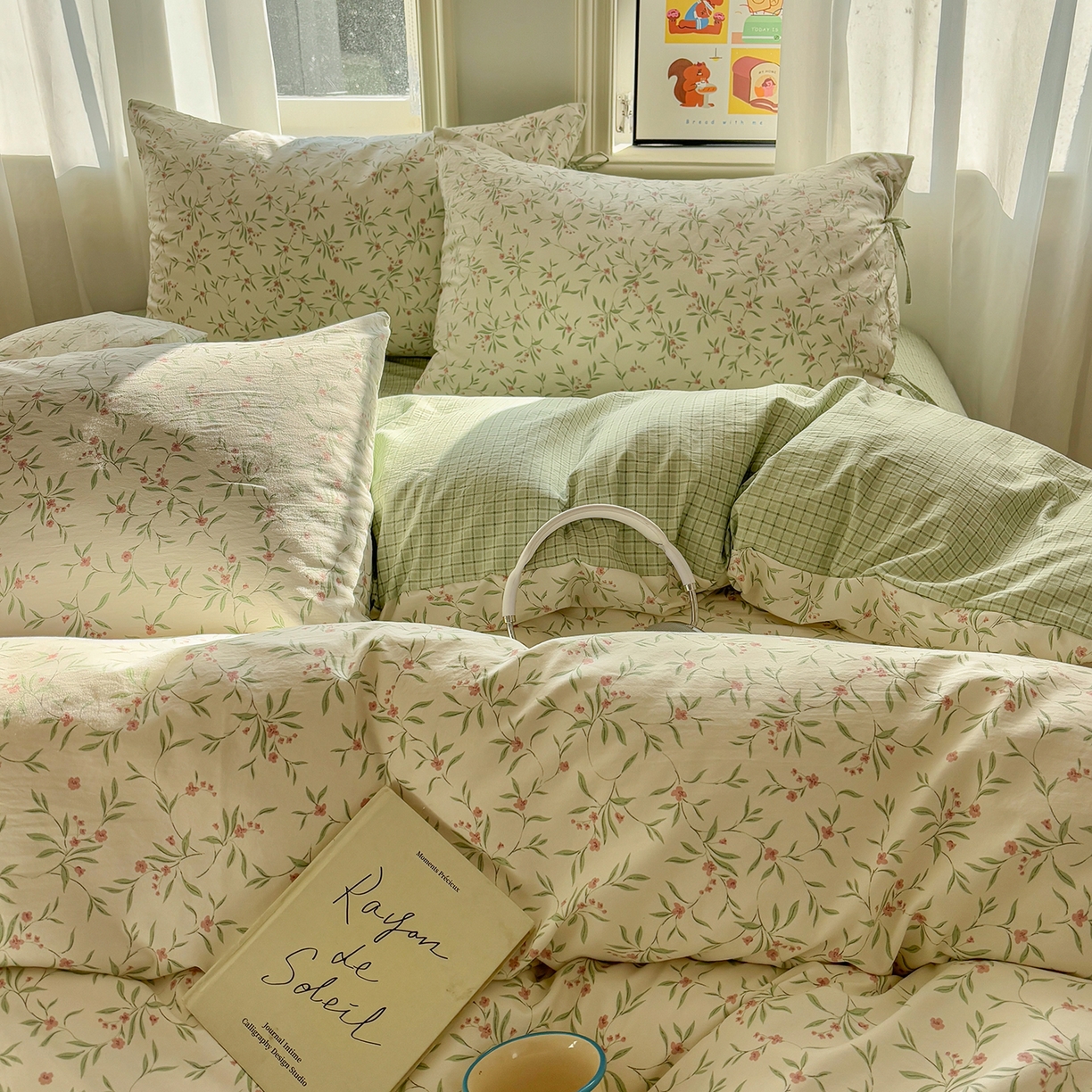 91家纺网 家纺一手货源 找家纺 金梦拉家纺 2026新款小清新绑带格纹碎花系列四件套-花园里系列 花园里-清新绿