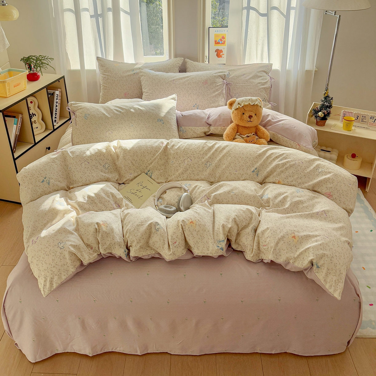 91家纺网 家纺一手货源 找家纺 金梦拉家纺 2026新款小清新绑带格纹碎花系列四件套-花园里系列 花园里-蝶恋花