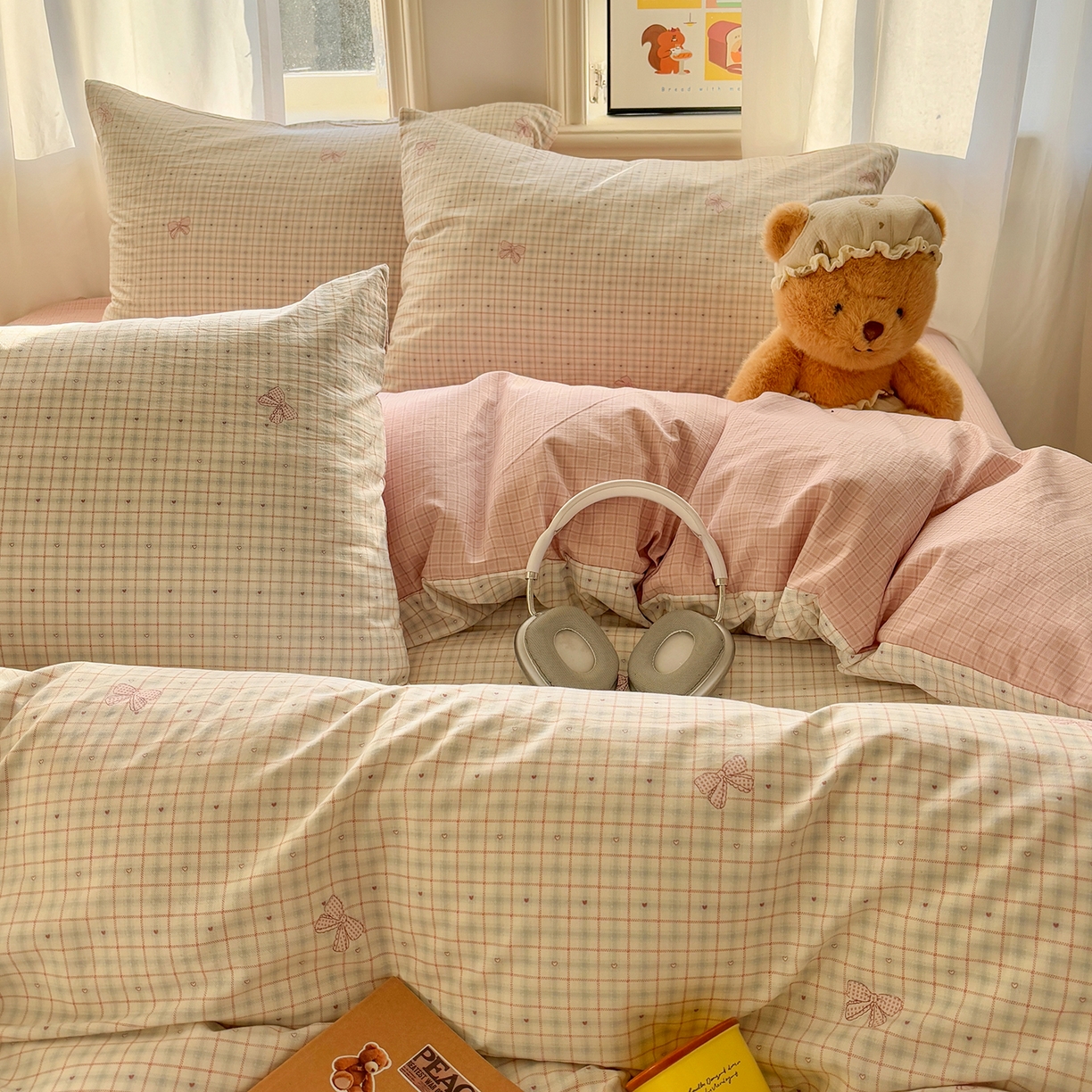 91家纺网 家纺一手货源 找家纺 金梦拉家纺 2026新款小清新绑带格纹碎花系列四件套-花园里系列 花园里-蝴蝶结