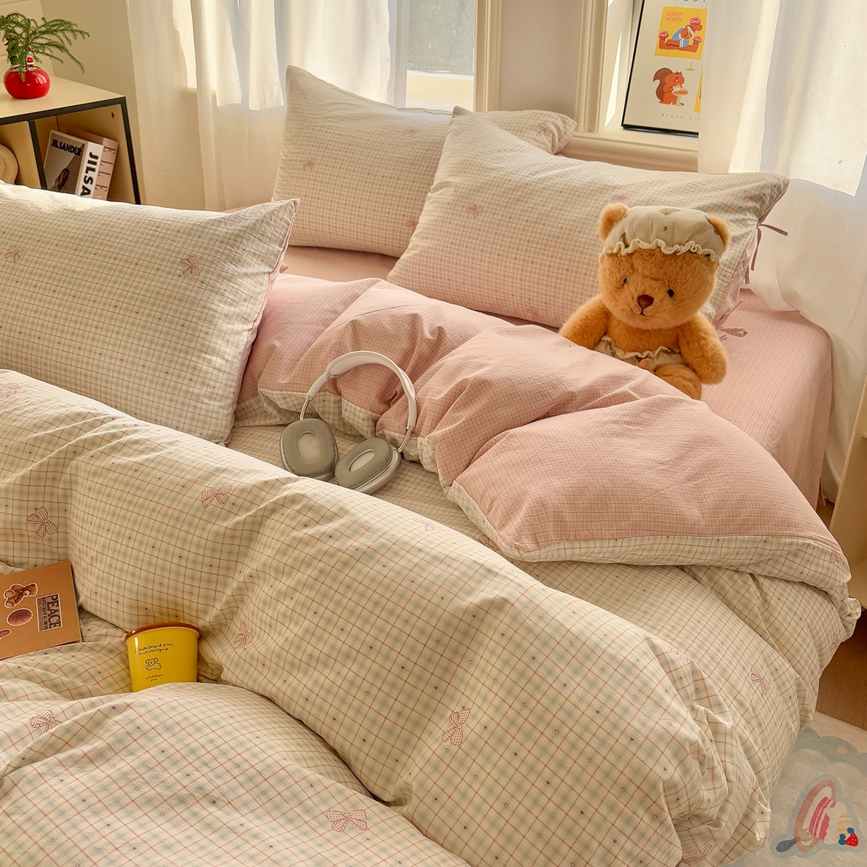 91家纺网 家纺一手货源 找家纺 金梦拉家纺 2026新款小清新绑带格纹碎花系列四件套-花园里系列 花园里-蝴蝶结