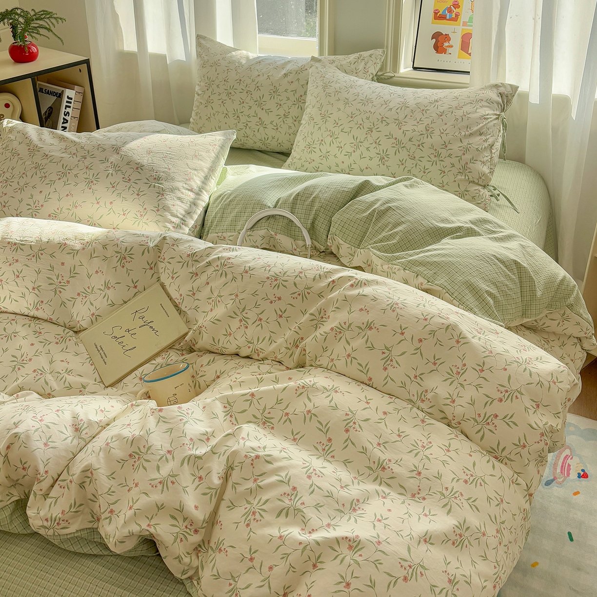 91家纺网 家纺一手货源 找家纺 金梦拉家纺 2026新款小清新绑带格纹碎花系列四件套-花园里系列 花园里-清新绿