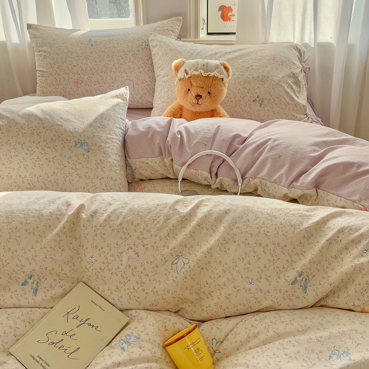 91家纺网 家纺一手货源 找家纺 金梦拉家纺 2026新款小清新绑带格纹碎花系列四件套-花园里系列 花园里-蝶恋花