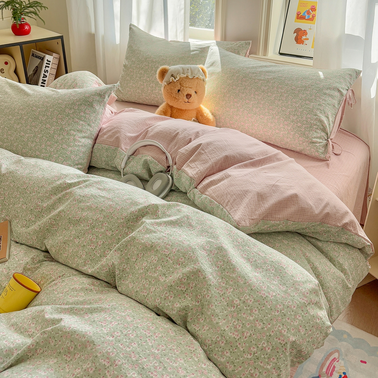 91家纺网 家纺一手货源 找家纺 金梦拉家纺 2026新款小清新绑带格纹碎花系列四件套-花园里系列 花园里-翠微花开