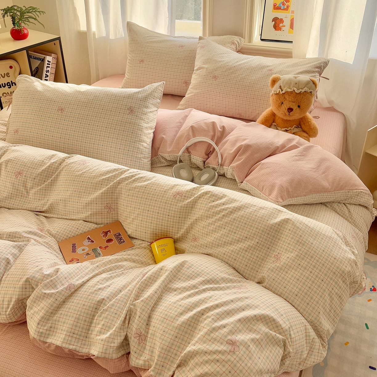 91家纺网 家纺一手货源 找家纺 金梦拉家纺 2026新款小清新绑带格纹碎花系列四件套-花园里系列 花园里-蝴蝶结