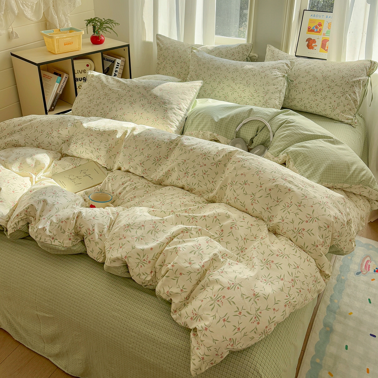 91家纺网 家纺一手货源 找家纺 金梦拉家纺 2026新款小清新绑带格纹碎花系列四件套-花园里系列 花园里-清新绿