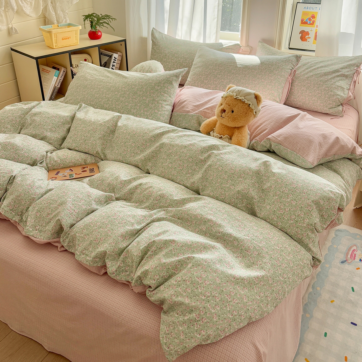 91家纺网 家纺一手货源 找家纺 金梦拉家纺 2026新款小清新绑带格纹碎花系列四件套-花园里系列 花园里-翠微花开