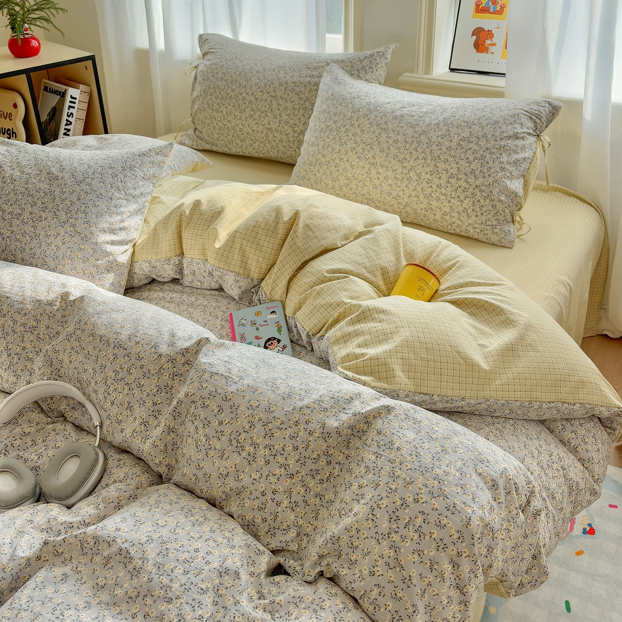 91家纺网 家纺一手货源 找家纺 金梦拉家纺 2026新款小清新绑带格纹碎花系列四件套-花园里系列 花园里-春日序曲