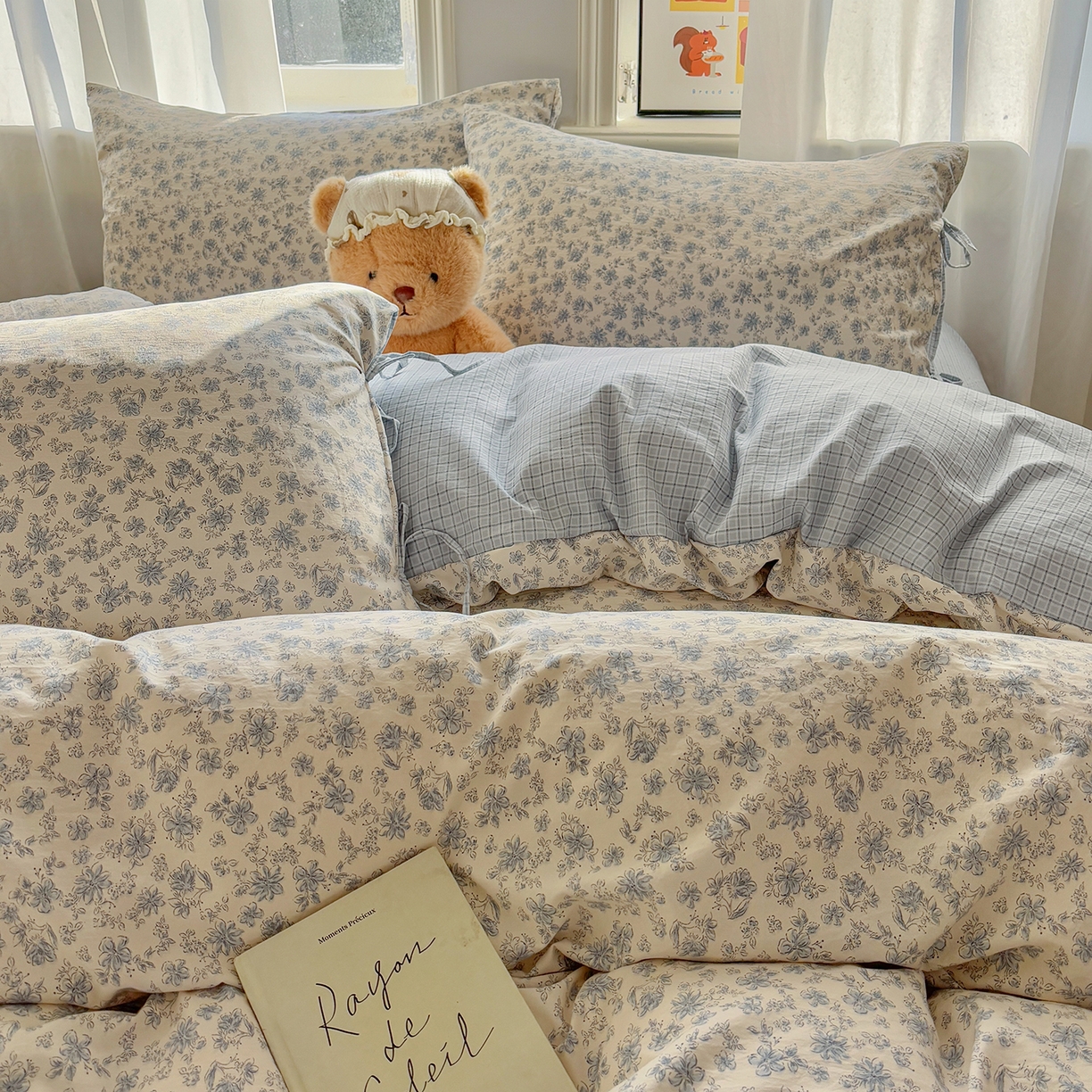 91家纺网 家纺一手货源 找家纺 金梦拉家纺 2026新款小清新绑带格纹碎花系列四件套-花园里系列 花园里-森兰