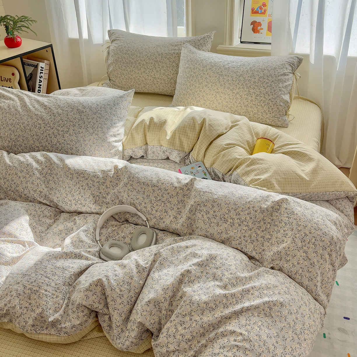 91家纺网 家纺一手货源 找家纺 金梦拉家纺 2026新款小清新绑带格纹碎花系列四件套-花园里系列 花园里-春日序曲