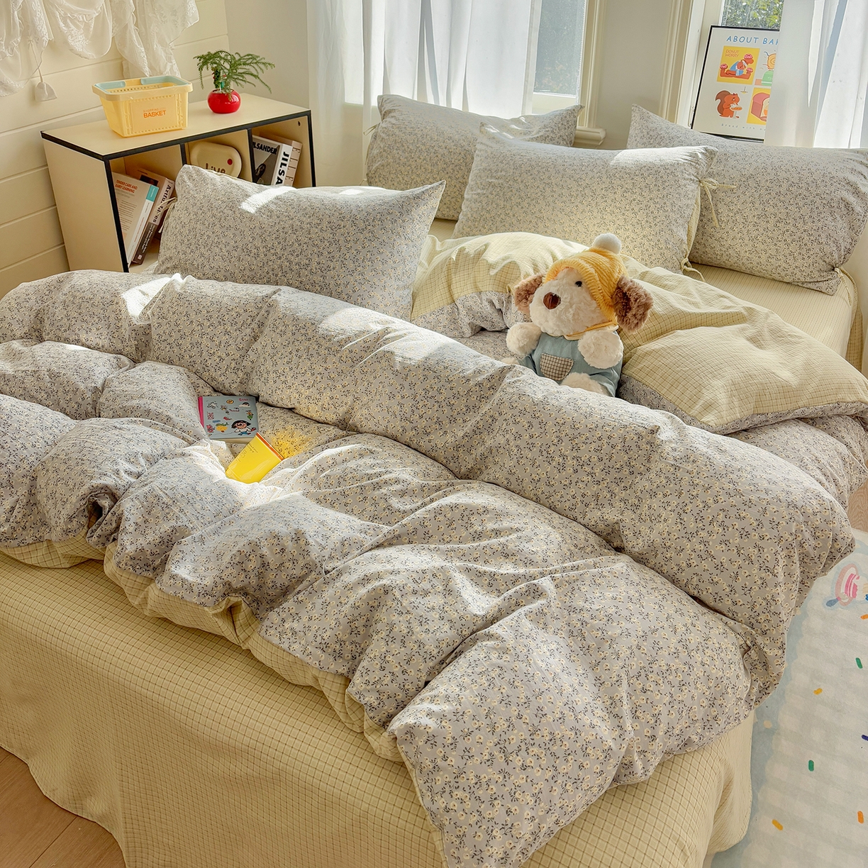 91家纺网 家纺一手货源 找家纺 金梦拉家纺 2026新款小清新绑带格纹碎花系列四件套-花园里系列 花园里-春日序曲