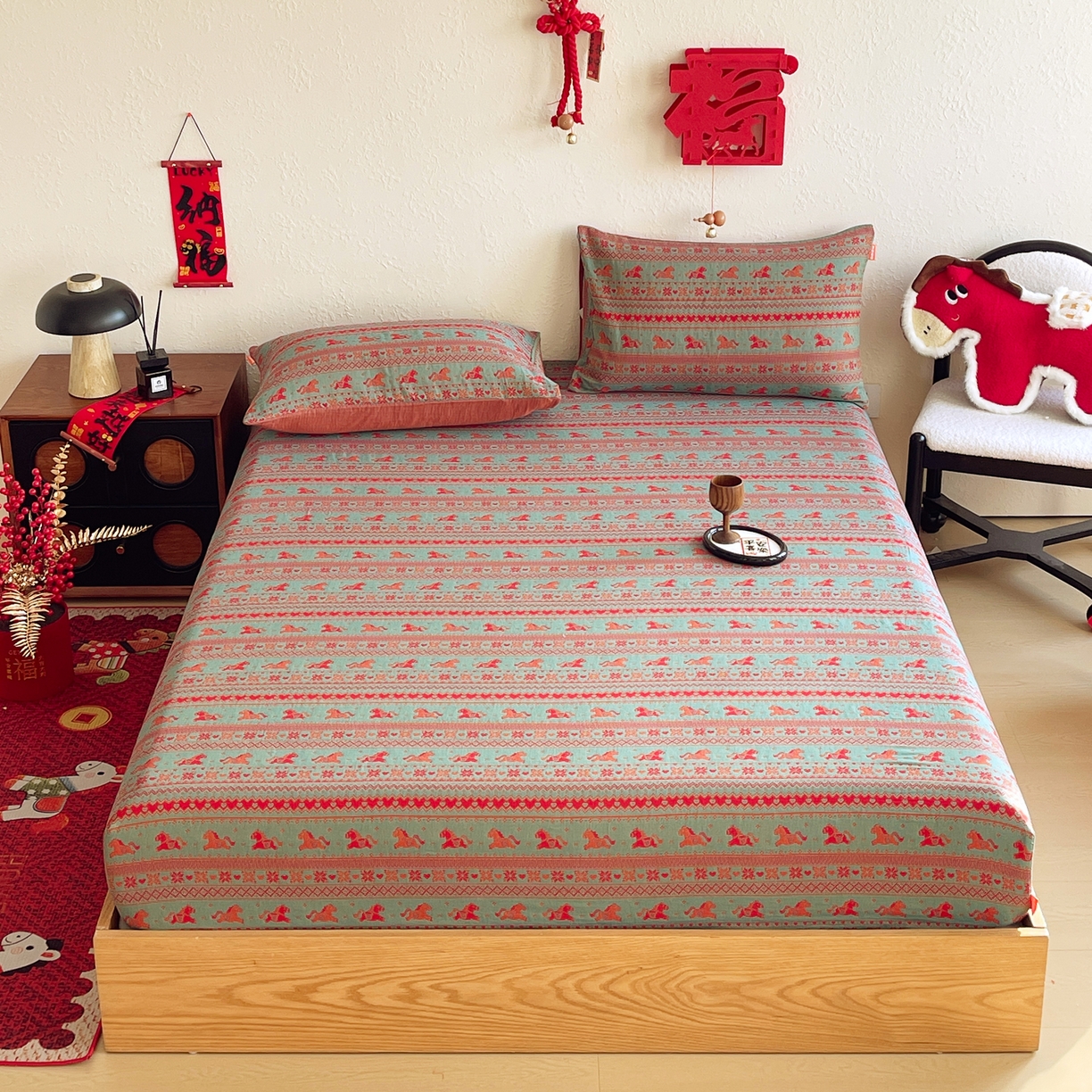 春皖家纺 2026新款全棉色织双层纱提花百福系列拉链款-单床笠 绿绝影