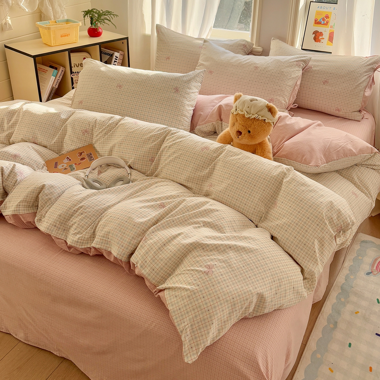 91家纺网 家纺一手货源 找家纺 金梦拉家纺 2026新款小清新绑带格纹碎花系列四件套-花园里系列 花园里-蝴蝶结