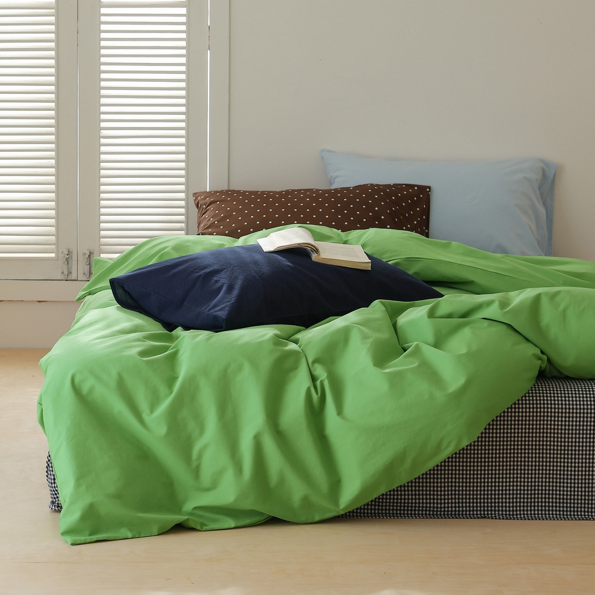 艾沁家纺 2026新款40s全棉水洗棉色织水洗棉撞色四件套-清风摩卡 清风摩卡-波点+浅蓝