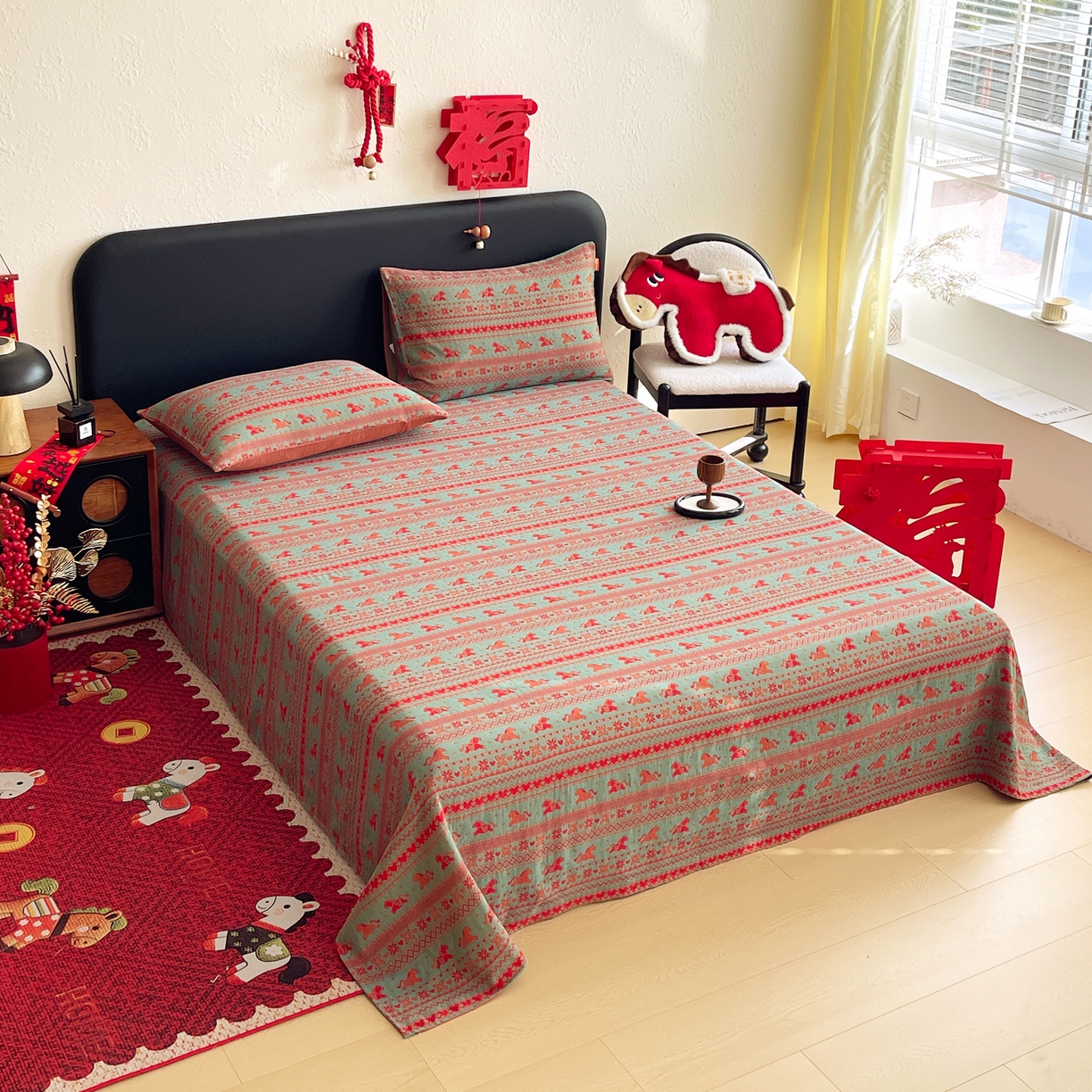 91家纺网 家纺一手货源 找家纺 春皖家纺 2026新款全棉色织双层纱提花百福系列拉链款-单床单 绿绝影