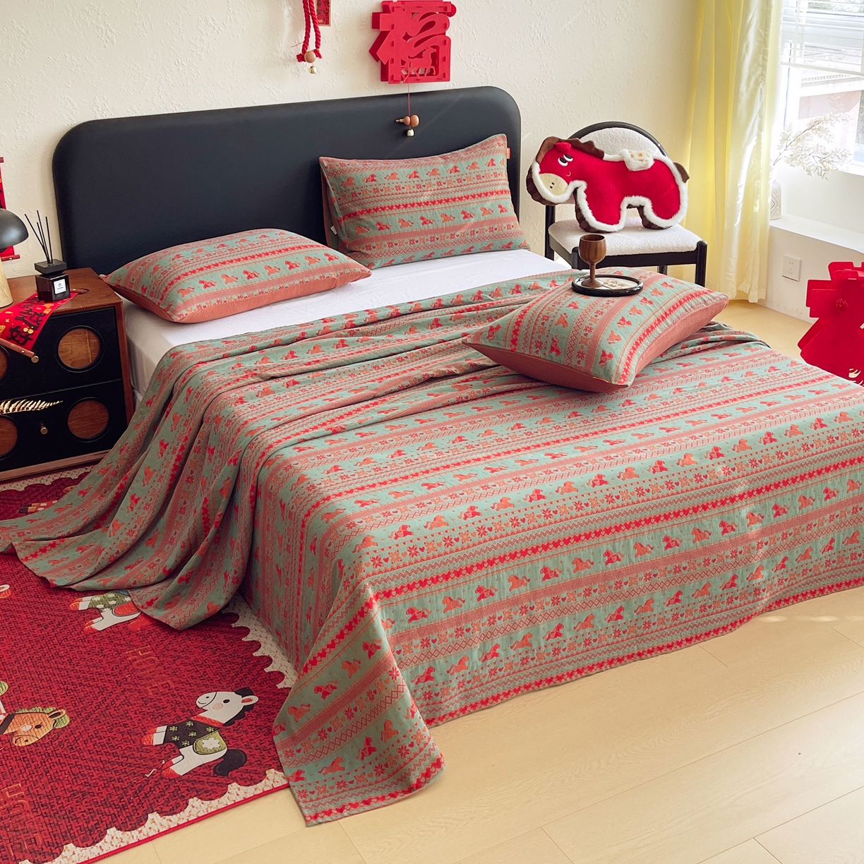 91家纺网 家纺一手货源 找家纺 春皖家纺 2026新款全棉色织双层纱提花百福系列拉链款-单床单 绿绝影