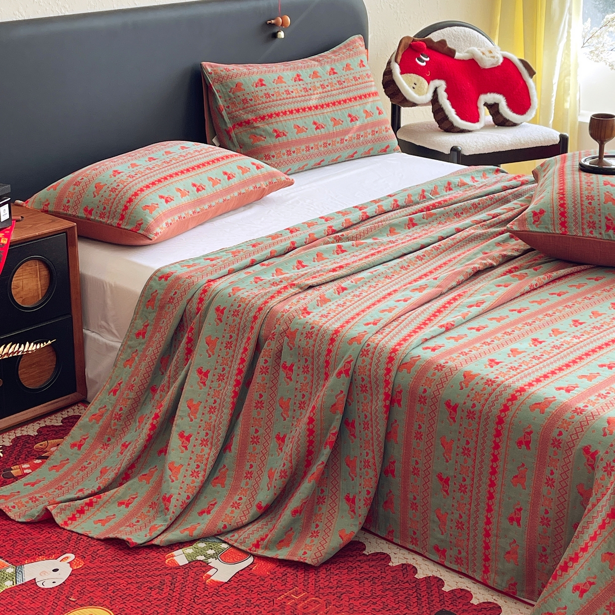 91家纺网 家纺一手货源 找家纺 春皖家纺 2026新款全棉色织双层纱提花百福系列拉链款-单床单 绿绝影