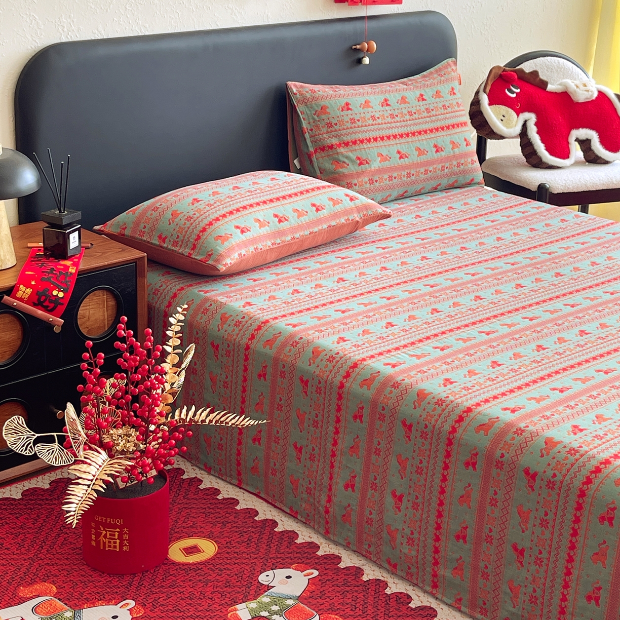 91家纺网 家纺一手货源 找家纺 春皖家纺 2026新款全棉色织双层纱提花百福系列拉链款-单床单 绿绝影