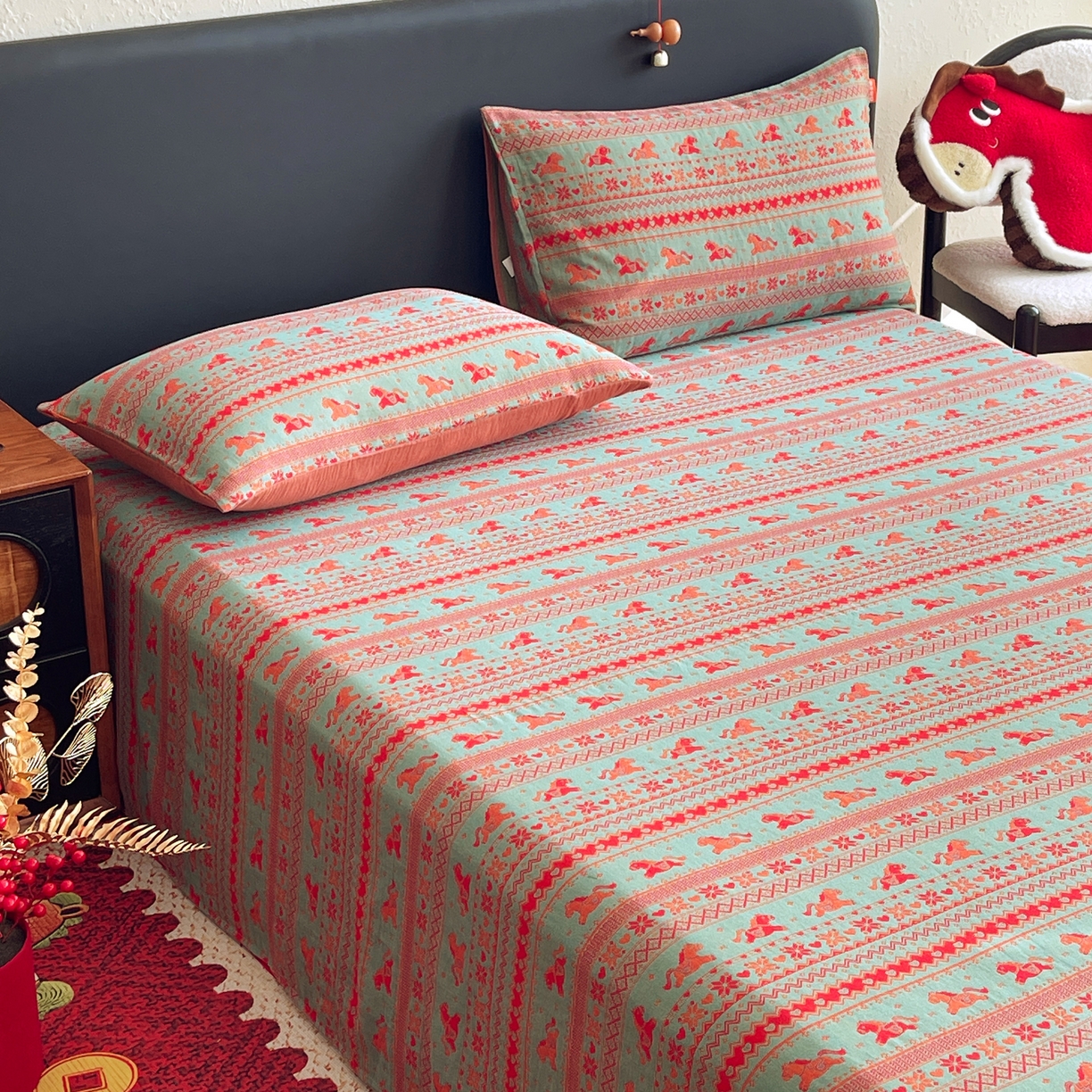 91家纺网 家纺一手货源 找家纺 春皖家纺 2026新款全棉色织双层纱提花百福系列拉链款-单床单 绿绝影