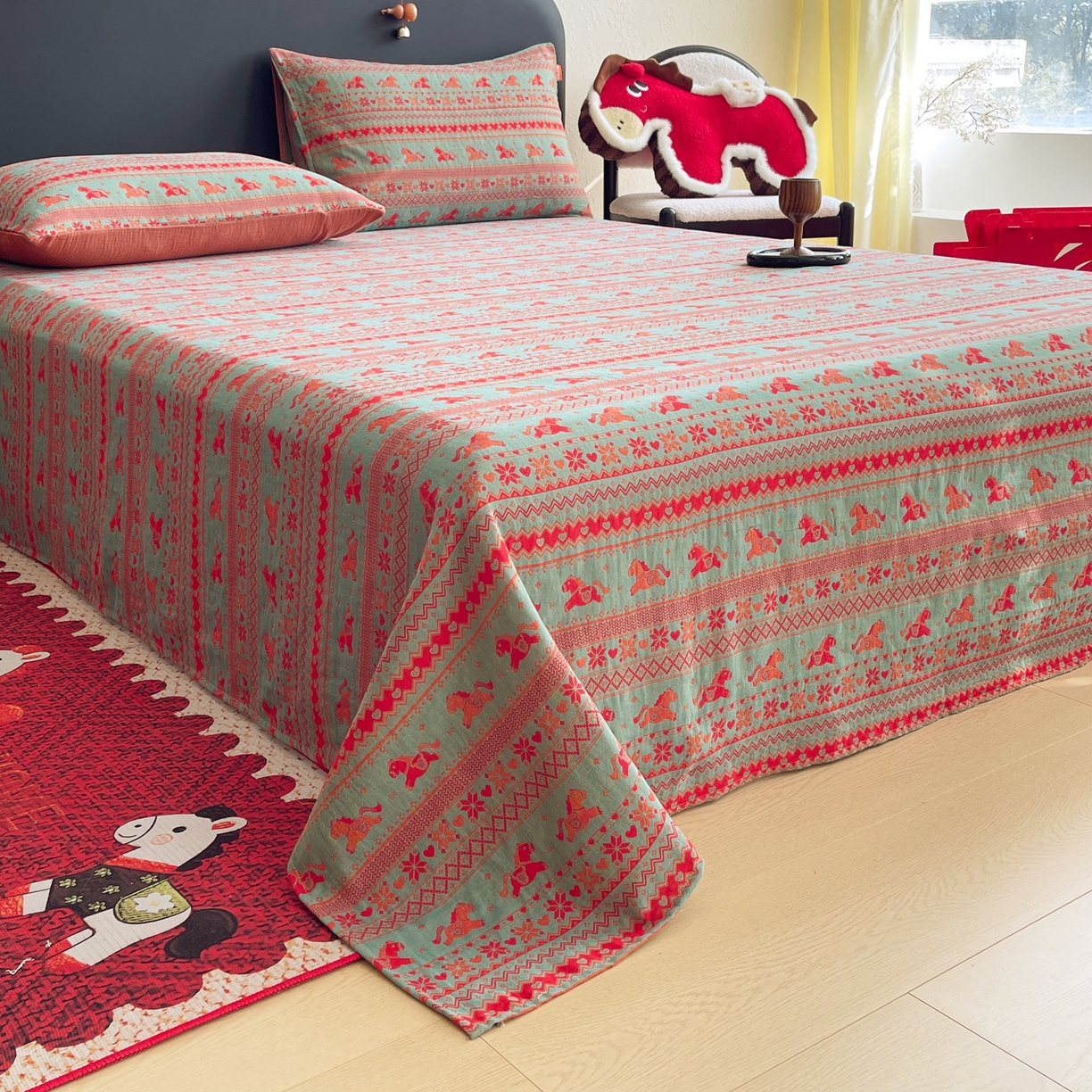 91家纺网 家纺一手货源 找家纺 春皖家纺 2026新款全棉色织双层纱提花百福系列拉链款-单床单 绿绝影