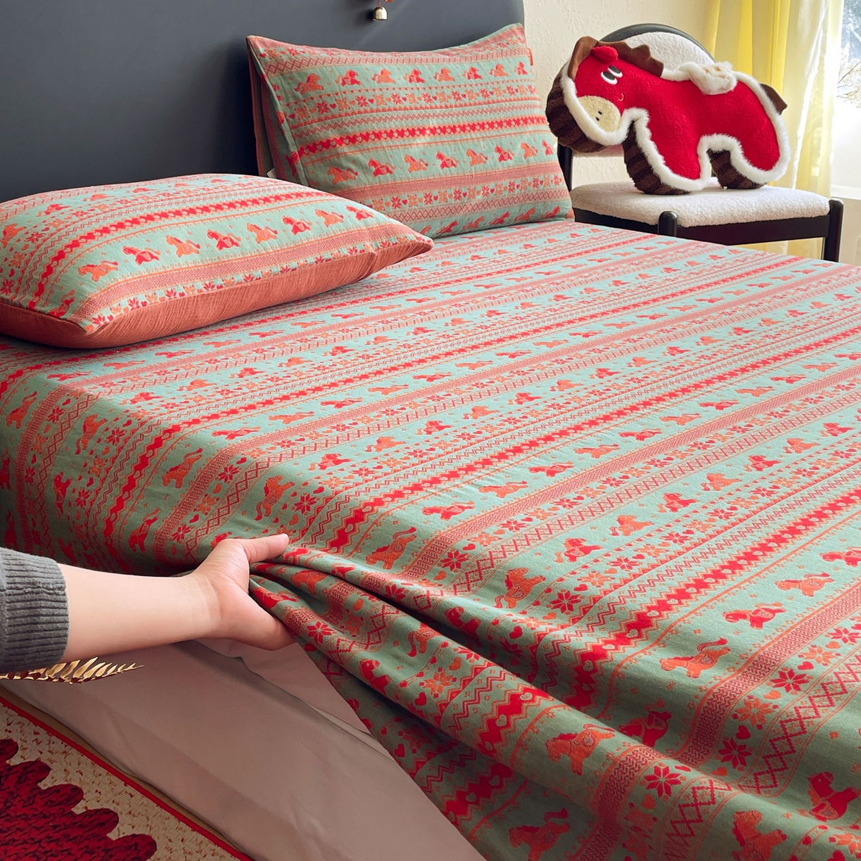 91家纺网 家纺一手货源 找家纺 春皖家纺 2026新款全棉色织双层纱提花百福系列拉链款-单床单 绿绝影