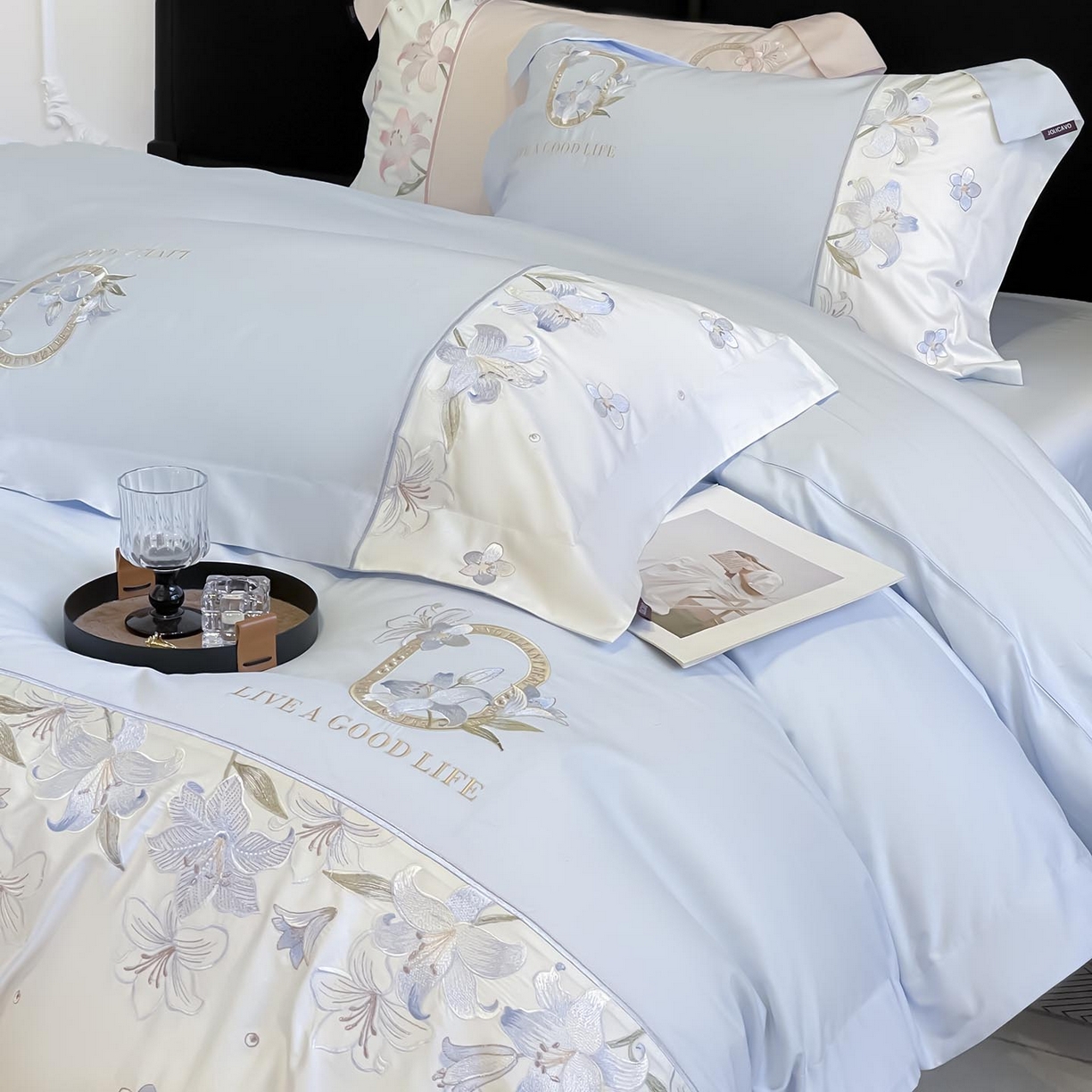 91家纺网 家纺一手货源 找家纺  2026新款特供款A类长绒棉纯棉四件套100全棉少女心刺绣被套床单床笠床上用品 花若梦-慕蓝