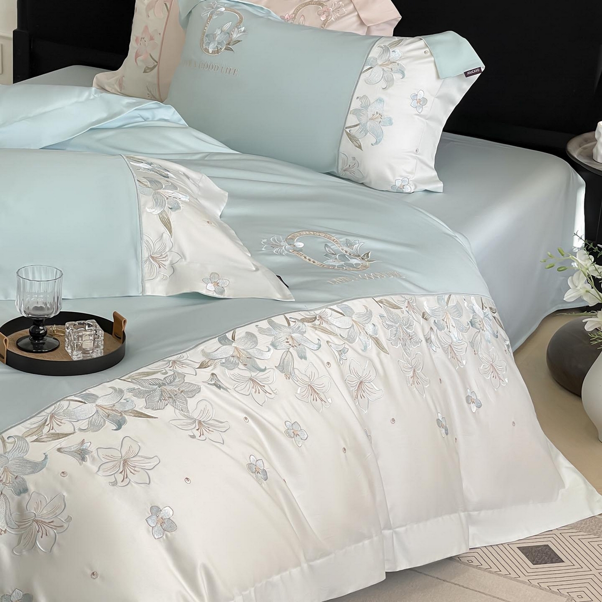 91家纺网 家纺一手货源 找家纺  2026新款特供款A类长绒棉纯棉四件套100全棉少女心刺绣被套床单床笠床上用品 花若梦-清绿