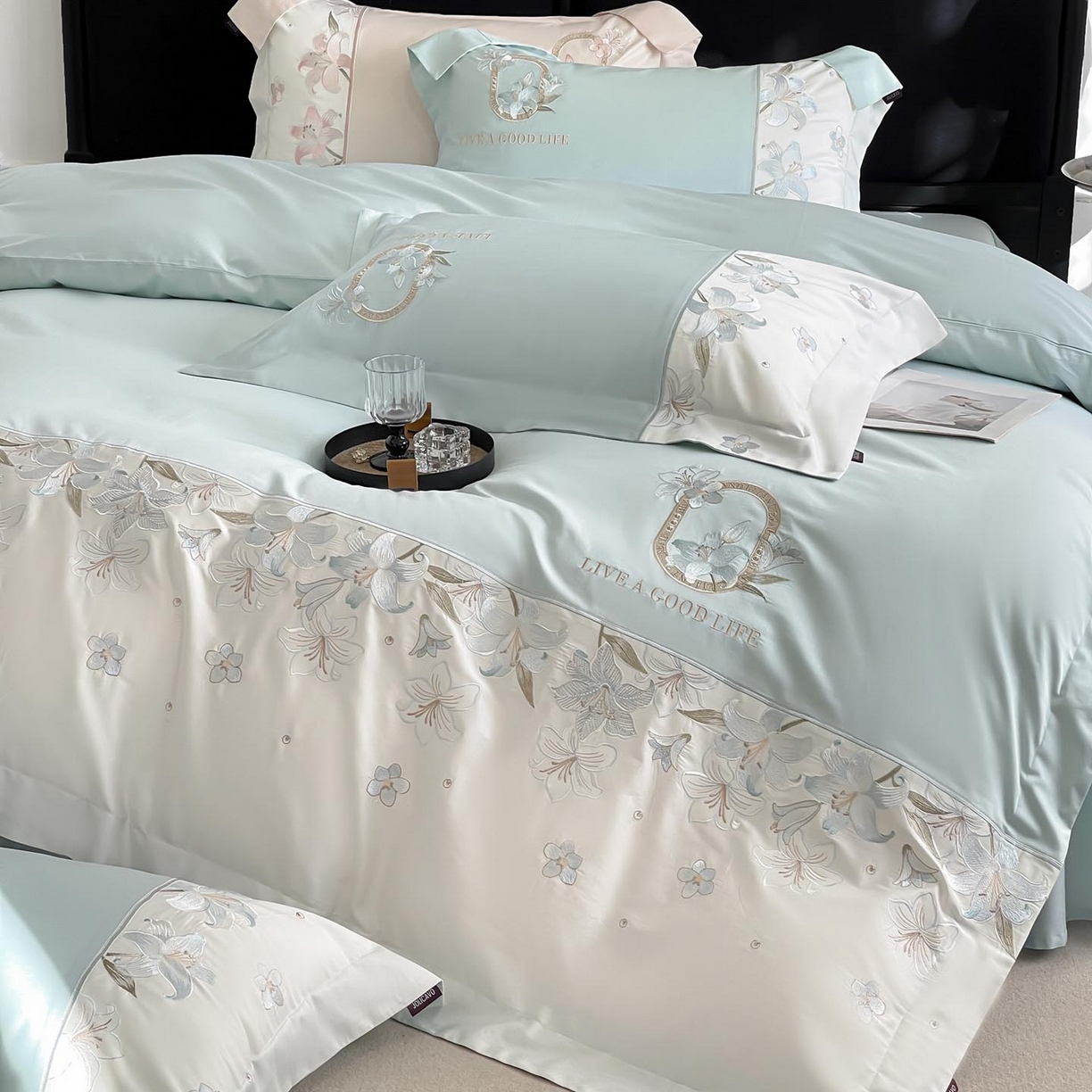 91家纺网 家纺一手货源 找家纺  2026新款特供款A类长绒棉纯棉四件套100全棉少女心刺绣被套床单床笠床上用品 花若梦-清绿