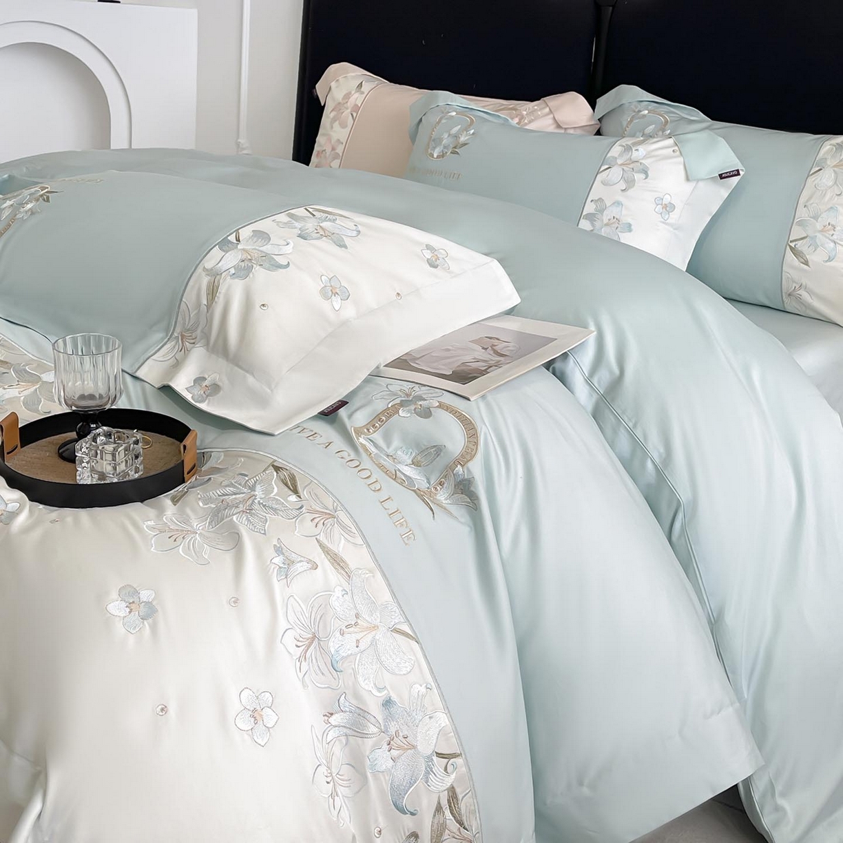  2026新款特供款A类长绒棉纯棉四件套100全棉少女心刺绣被套床单床笠床上用品 花若梦-清绿