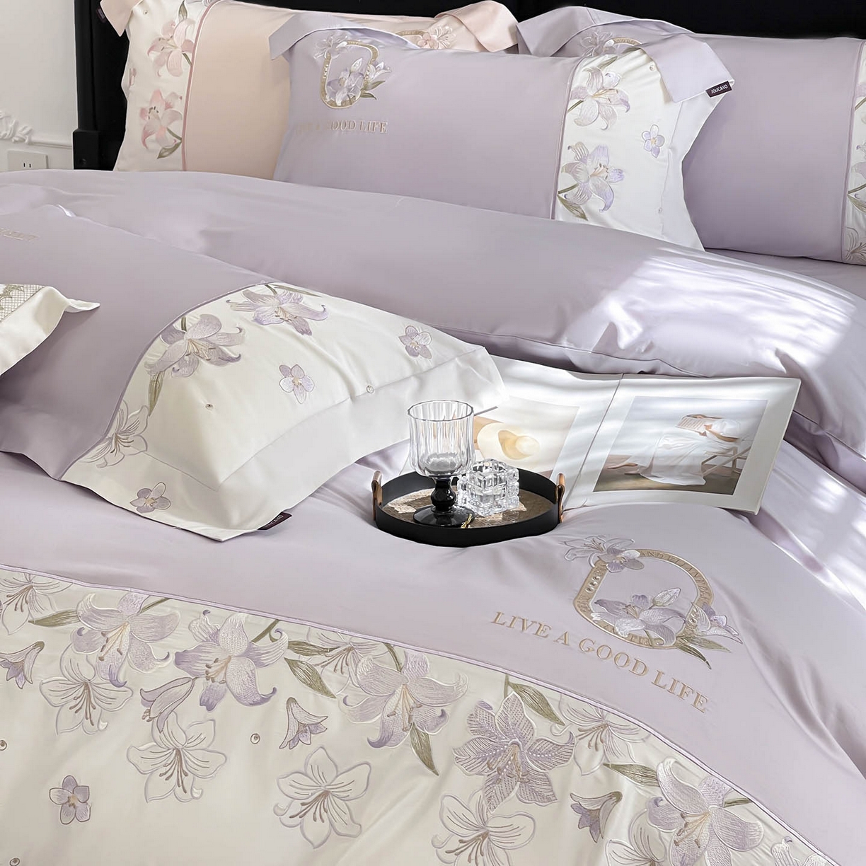 91家纺网 家纺一手货源 找家纺  2026新款特供款A类长绒棉纯棉四件套100全棉少女心刺绣被套床单床笠床上用品 花若梦-幽紫