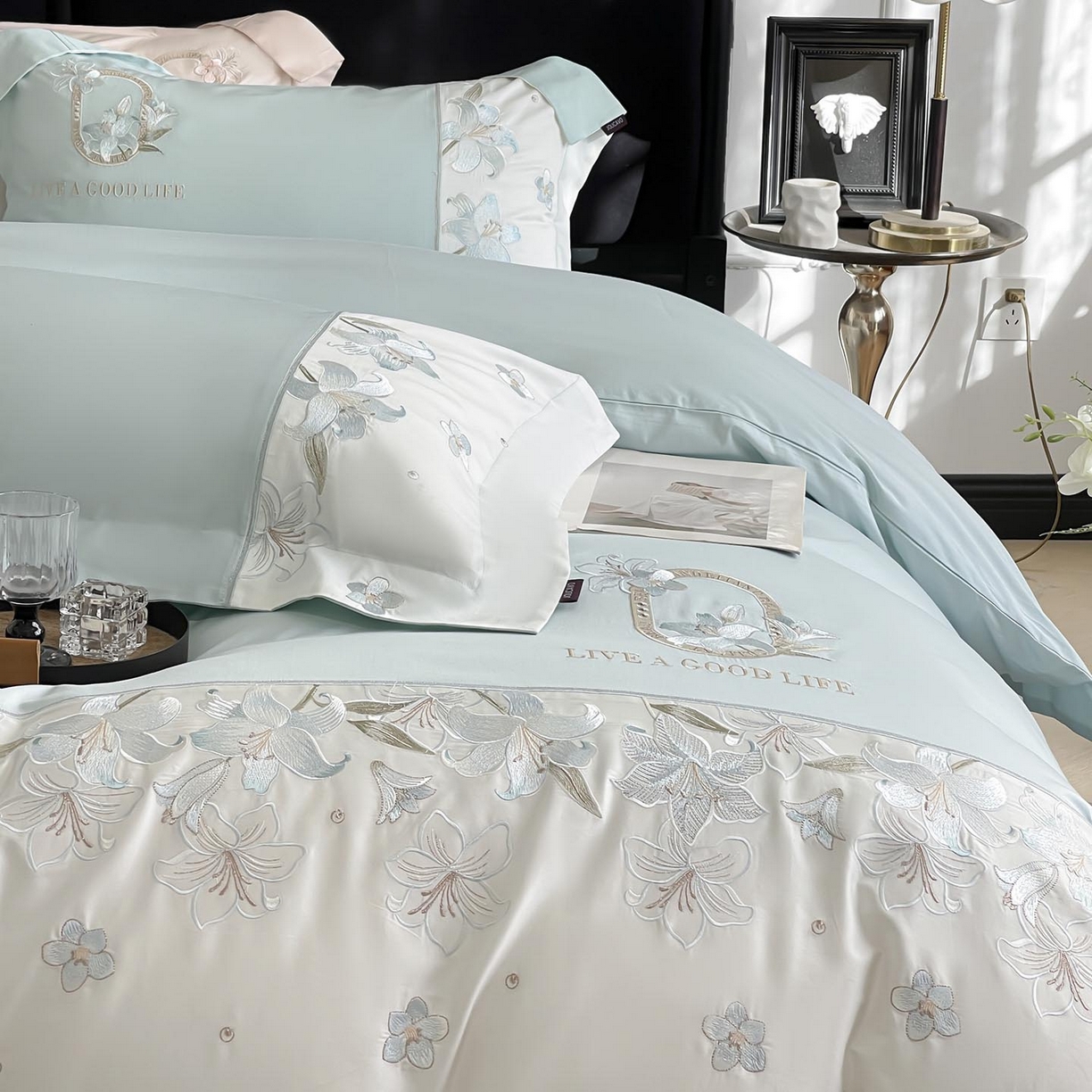 91家纺网 家纺一手货源 找家纺  2026新款特供款A类长绒棉纯棉四件套100全棉少女心刺绣被套床单床笠床上用品 花若梦-清绿