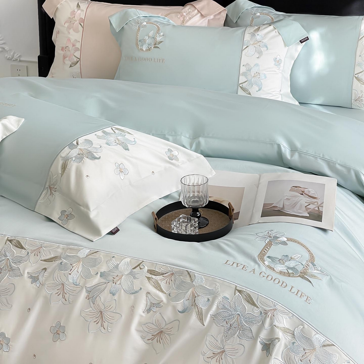 91家纺网 家纺一手货源 找家纺  2026新款特供款A类长绒棉纯棉四件套100全棉少女心刺绣被套床单床笠床上用品 花若梦-清绿