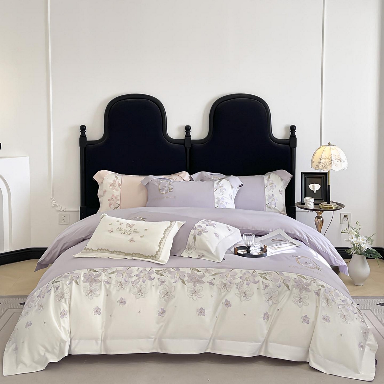 91家纺网 家纺一手货源 找家纺  2026新款特供款A类长绒棉纯棉四件套100全棉少女心刺绣被套床单床笠床上用品 花若梦-幽紫