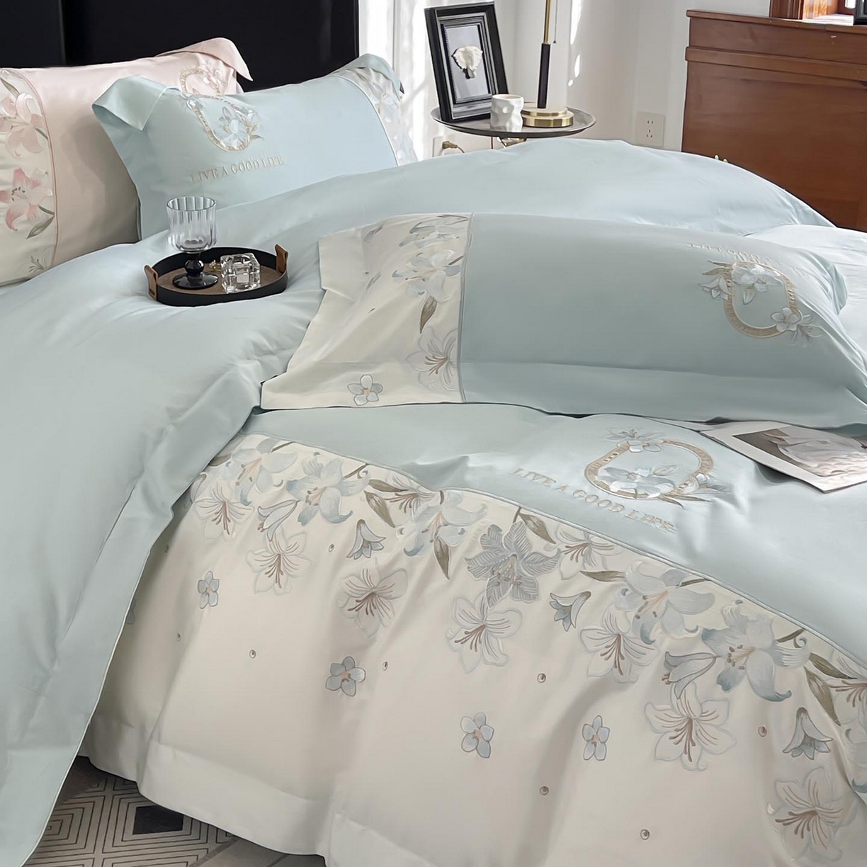 91家纺网 家纺一手货源 找家纺  2026新款特供款A类长绒棉纯棉四件套100全棉少女心刺绣被套床单床笠床上用品 花若梦-清绿