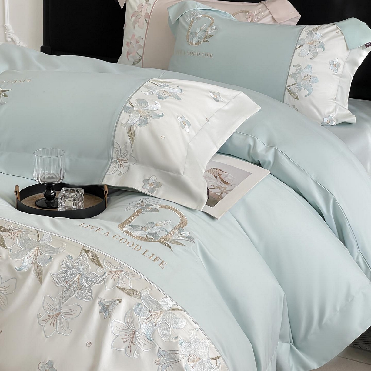 91家纺网 家纺一手货源 找家纺  2026新款特供款A类长绒棉纯棉四件套100全棉少女心刺绣被套床单床笠床上用品 花若梦-清绿