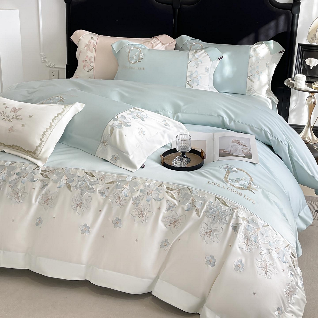 91家纺网 家纺一手货源 找家纺  2026新款特供款A类长绒棉纯棉四件套100全棉少女心刺绣被套床单床笠床上用品 花若梦-清绿